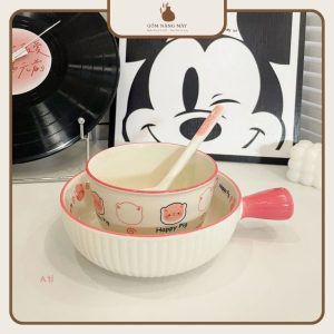 Set Bát Sứ 3 Món Hoạ Tiết Lợn Hồng Cute