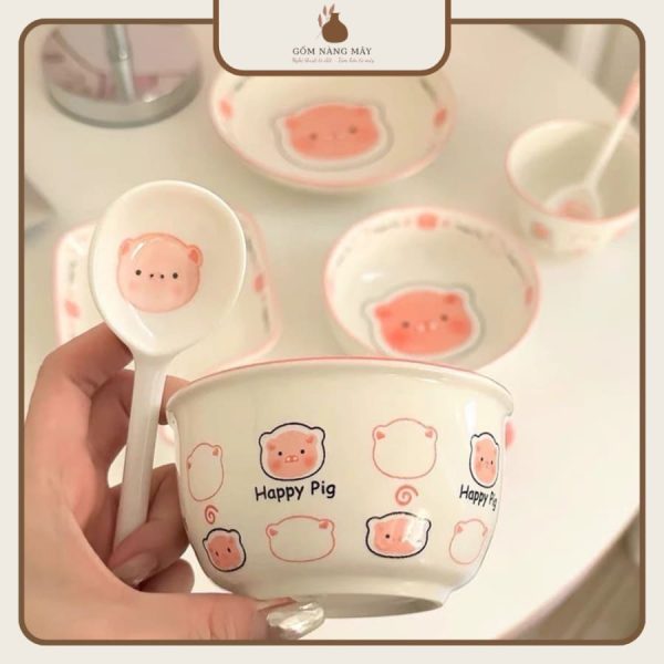 Set Bát Sứ 3 Món Hoạ Tiết Lợn Hồng Cute