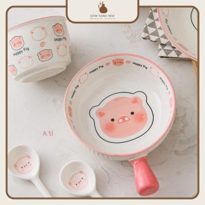 Set Bát Sứ 3 Món Hoạ Tiết Lợn Hồng Cute