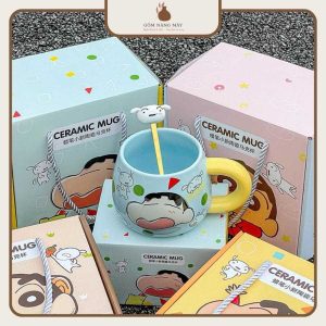 Cốc sứ cute hình Shin cậu bé bút chì, ly sứ dễ thương kèm thìa tặng bạn gái 440ml