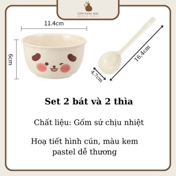 Set 2 Bát Sứ Hình Cún Kèm Thìa - Gốm Sứ Cao Cấp Chịu Nhiệt